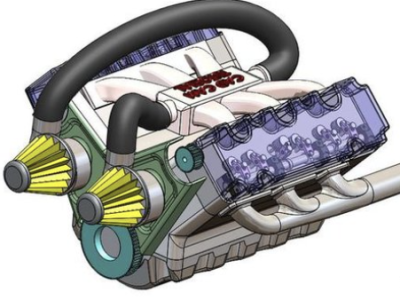 3D engine model displayed in SOLIDWORKS CAD software interface.